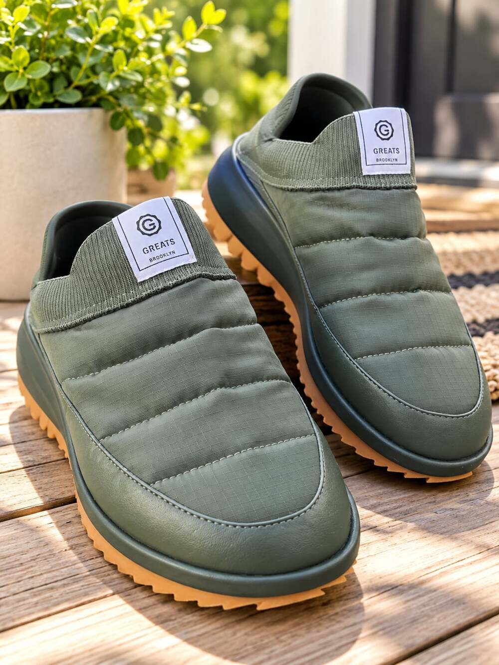 Greats The Foster Slipper Cargo Green Quilted Slip On Shoes